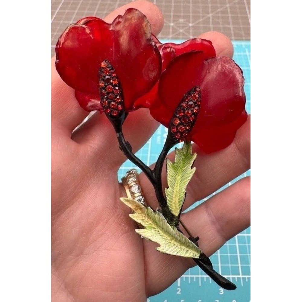 Vintage Vendome Floral Brooch Red Acrylic Flower Rhinestones 4" Unsigned